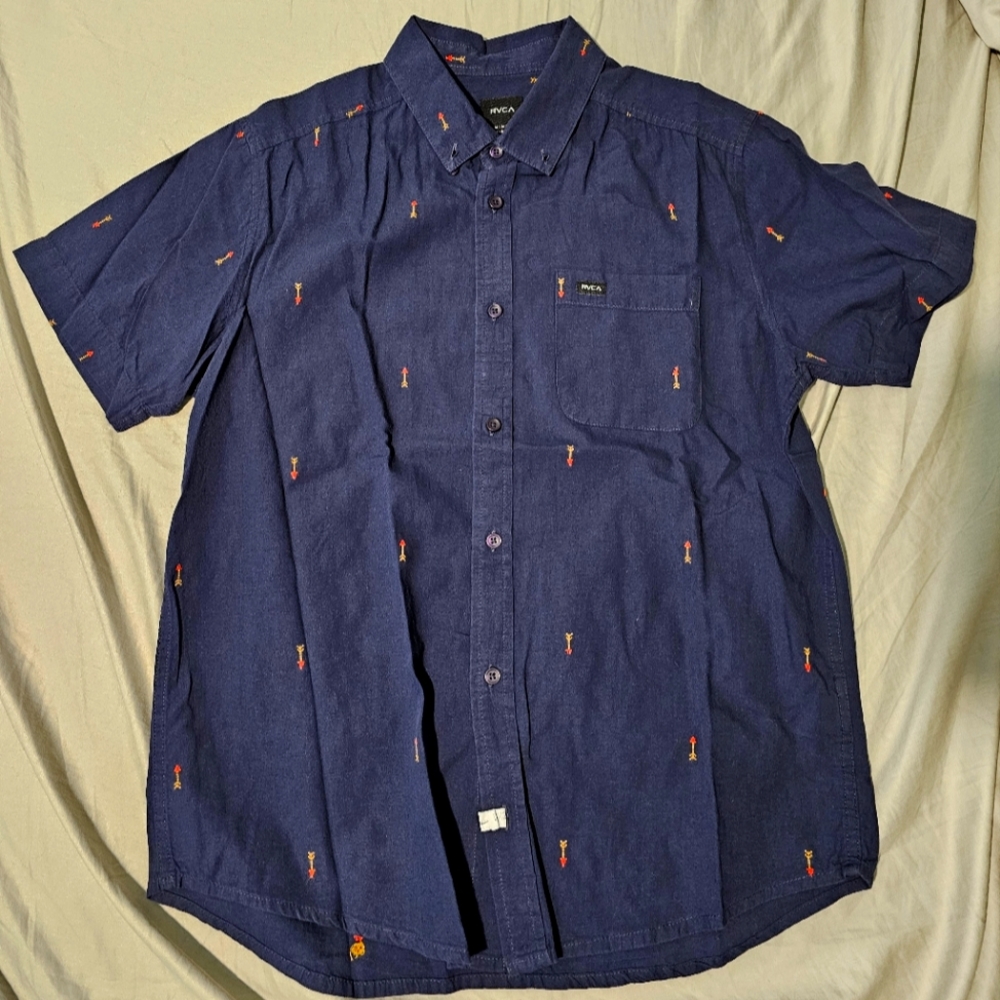 RVCA Slim Fit Button Down Shirt men's Medium Blue Short Sleeve Casual Cotton